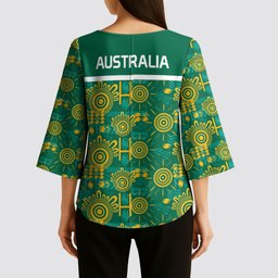 Australia Rugby Kangaroo Kimono Sleeve Blouse Green Gold Aboriginal Dot Geometry