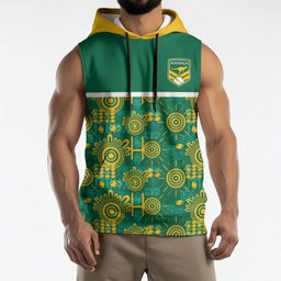 Australia Rugby Kangaroo Sleeveless Hoodie Green Gold Aboriginal Dot Geometry