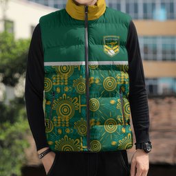 Australia Rugby Kangaroo Sleeveless Puffer Jacket Green Gold Aboriginal Dot Geometry