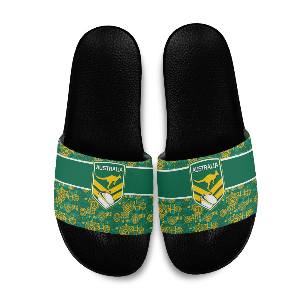Australia Rugby Kangaroo Slide Sandals Green Gold Aboriginal Dot Geometry