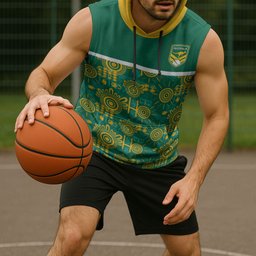 Australia Rugby Kangaroo Sleeveless Hoodie Green Gold Aboriginal Dot Geometry
