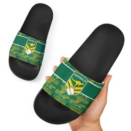 Australia Rugby Kangaroo Slide Sandals Green Gold Aboriginal Dot Geometry