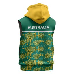 Australia Rugby Kangaroo Sleeveless Zip Hoodie Green Gold Aboriginal Dot Geometry