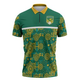 Australia Rugby Kangaroo Zipper Polo Shirt Green Gold Aboriginal Dot Geometry