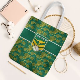 Australia Rugby Kangaroo Tote Bag Green Gold Aboriginal Dot Geometry
