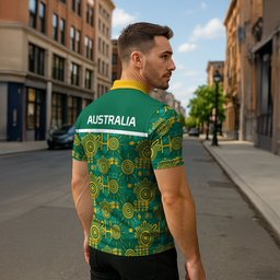 Australia Rugby Kangaroo Zipper Polo Shirt Green Gold Aboriginal Dot Geometry