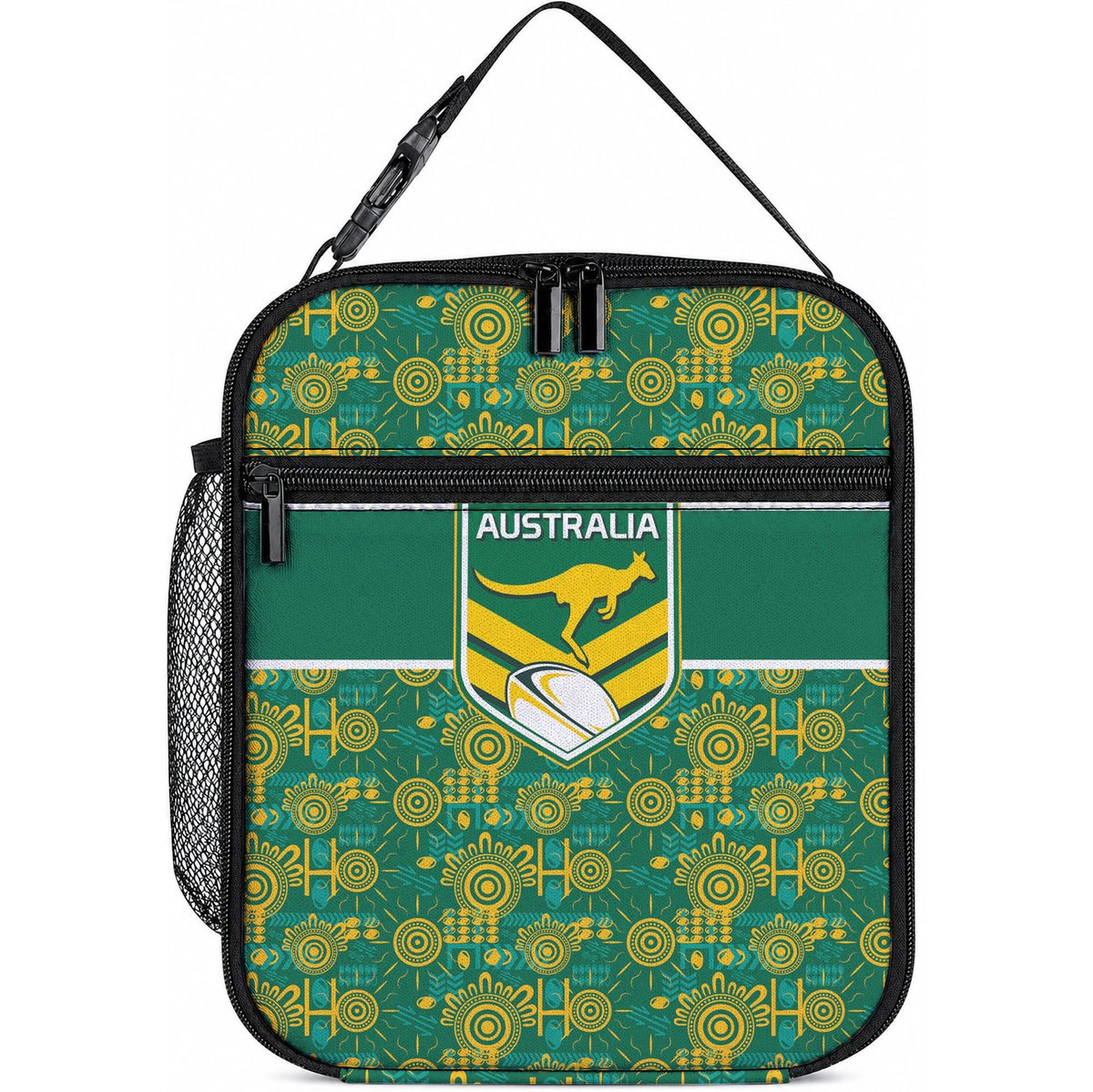 Australia Rugby Kangaroo Lunch Bag Green Gold Aboriginal Dot Geometry