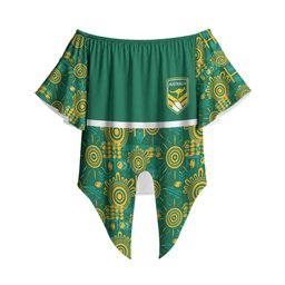 Australia Rugby Kangaroo Off Shoulder Wrap Waist Top Green Gold Aboriginal Dot Geometry