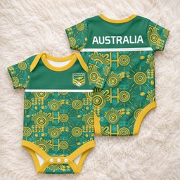 Australia Rugby Kangaroo Baby Onesie Green Gold Aboriginal Dot Geometry