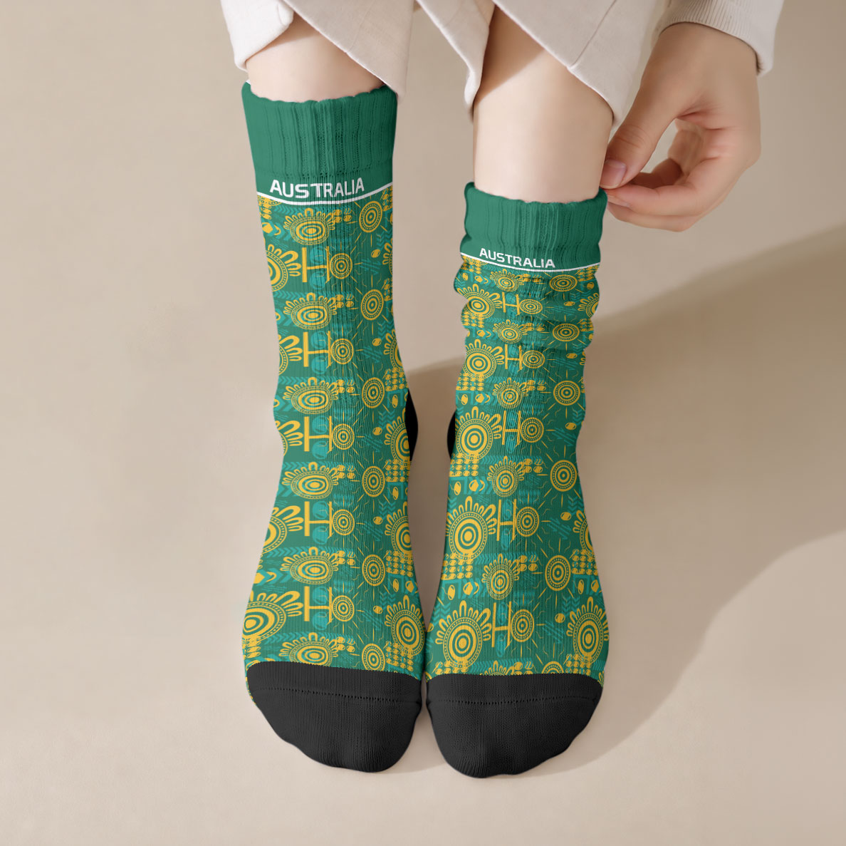 Australia Rugby Kangaroo Crew Socks Green Gold Aboriginal Dot Geometry