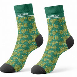 Australia Rugby Kangaroo Crew Socks Green Gold Aboriginal Dot Geometry
