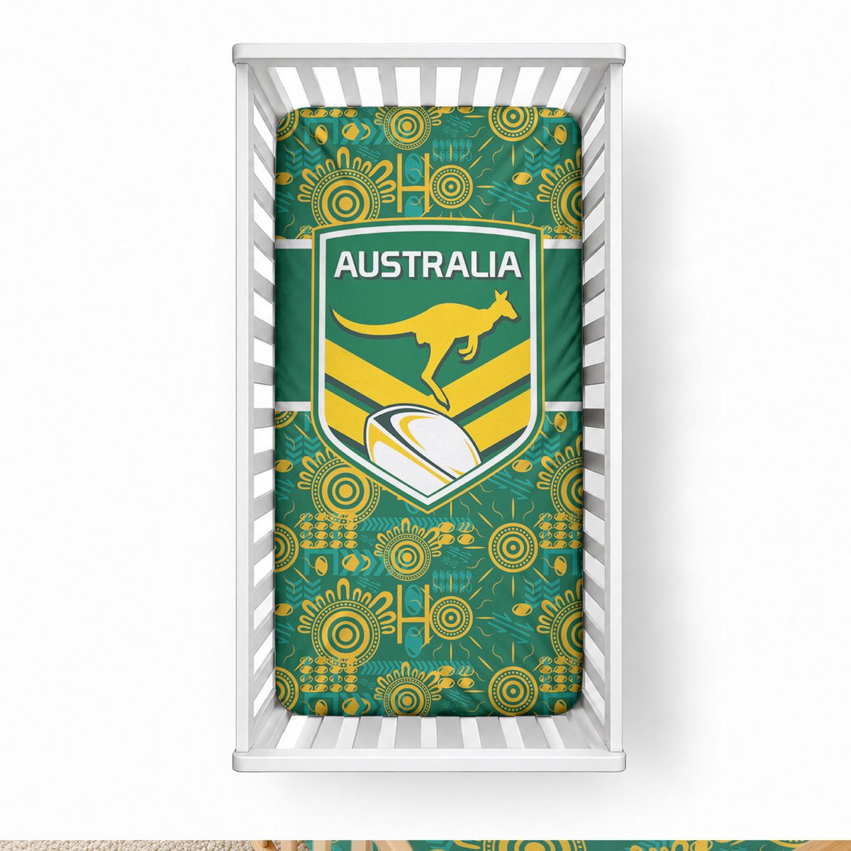 Australia Rugby Kangaroo Baby Bed Cover Green Gold Aboriginal Dot Geometry