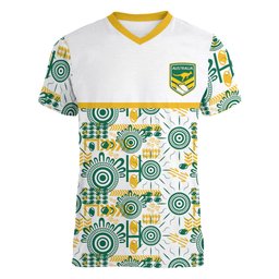 Australia Rugby Kangaroo Women V-Neck T-Shirt White Aboriginal Dot Geometry
