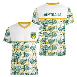 Australia Rugby Kangaroo Women V-Neck T-Shirt White Aboriginal Dot Geometry