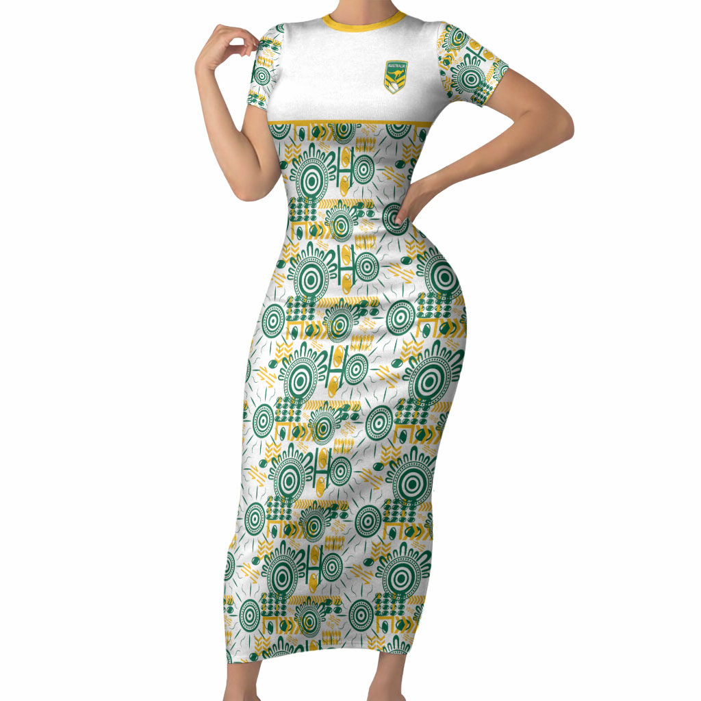 Australia Rugby Kangaroo Short Sleeve Bodycon Dress White Aboriginal Dot Geometry