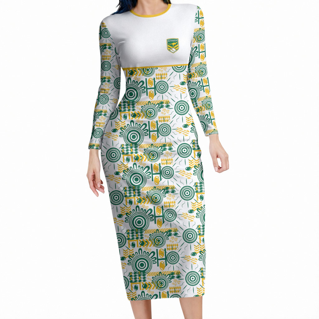 Australia Rugby Kangaroo Long Sleeve Bodycon Dress White Aboriginal Dot Geometry