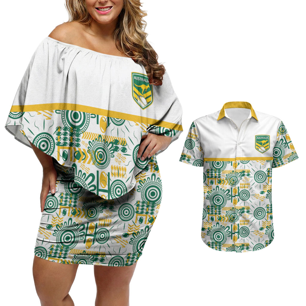 Australia Rugby Kangaroo Couples Matching Off Shoulder Short Dress and Hawaiian Shirt White Aboriginal Dot Geometry