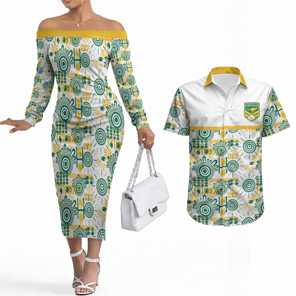 Australia Rugby Kangaroo Couples Matching Off The Shoulder Long Sleeve Dress and Hawaiian Shirt White Aboriginal Dot Geometry