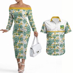 Australia Rugby Kangaroo Couples Matching Off The Shoulder Long Sleeve Dress and Hawaiian Shirt White Aboriginal Dot Geometry