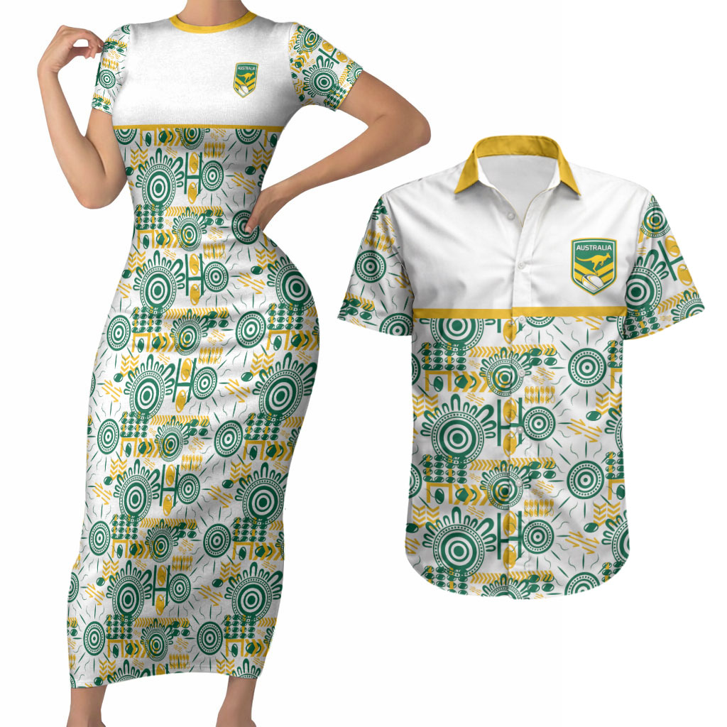Australia Rugby Kangaroo Couples Matching Short Sleeve Bodycon Dress and Hawaiian Shirt White Aboriginal Dot Geometry