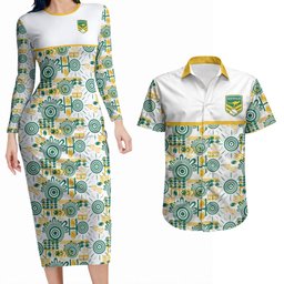 Australia Rugby Kangaroo Couples Matching Long Sleeve Bodycon Dress and Hawaiian Shirt White Aboriginal Dot Geometry