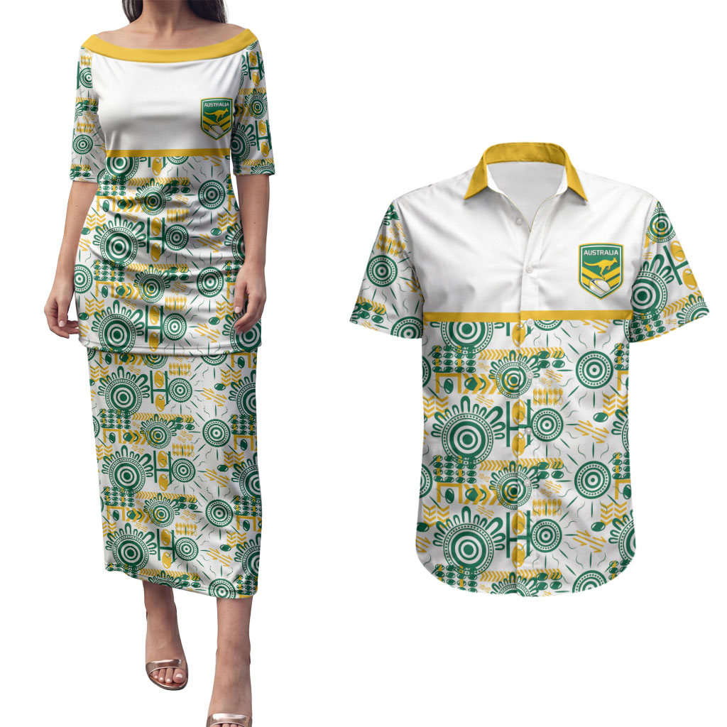 Australia Rugby Kangaroo Couples Matching Puletasi and Hawaiian Shirt White Aboriginal Dot Geometry