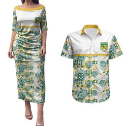 Australia Rugby Kangaroo Couples Matching Puletasi and Hawaiian Shirt White Aboriginal Dot Geometry