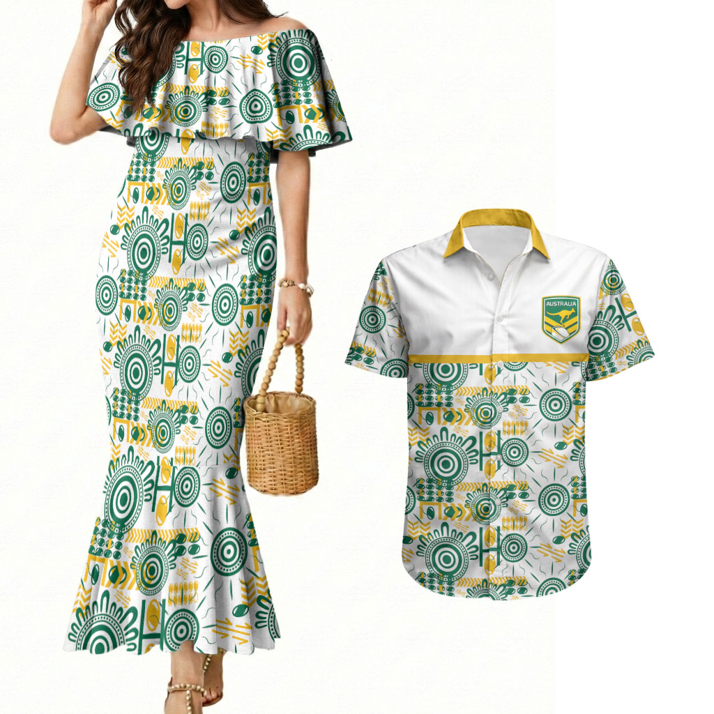 Australia Rugby Kangaroo Couples Matching Mermaid Dress and Hawaiian Shirt White Aboriginal Dot Geometry