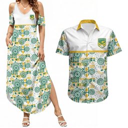 Australia Rugby Kangaroo Couples Matching Summer Maxi Dress and Hawaiian Shirt White Aboriginal Dot Geometry
