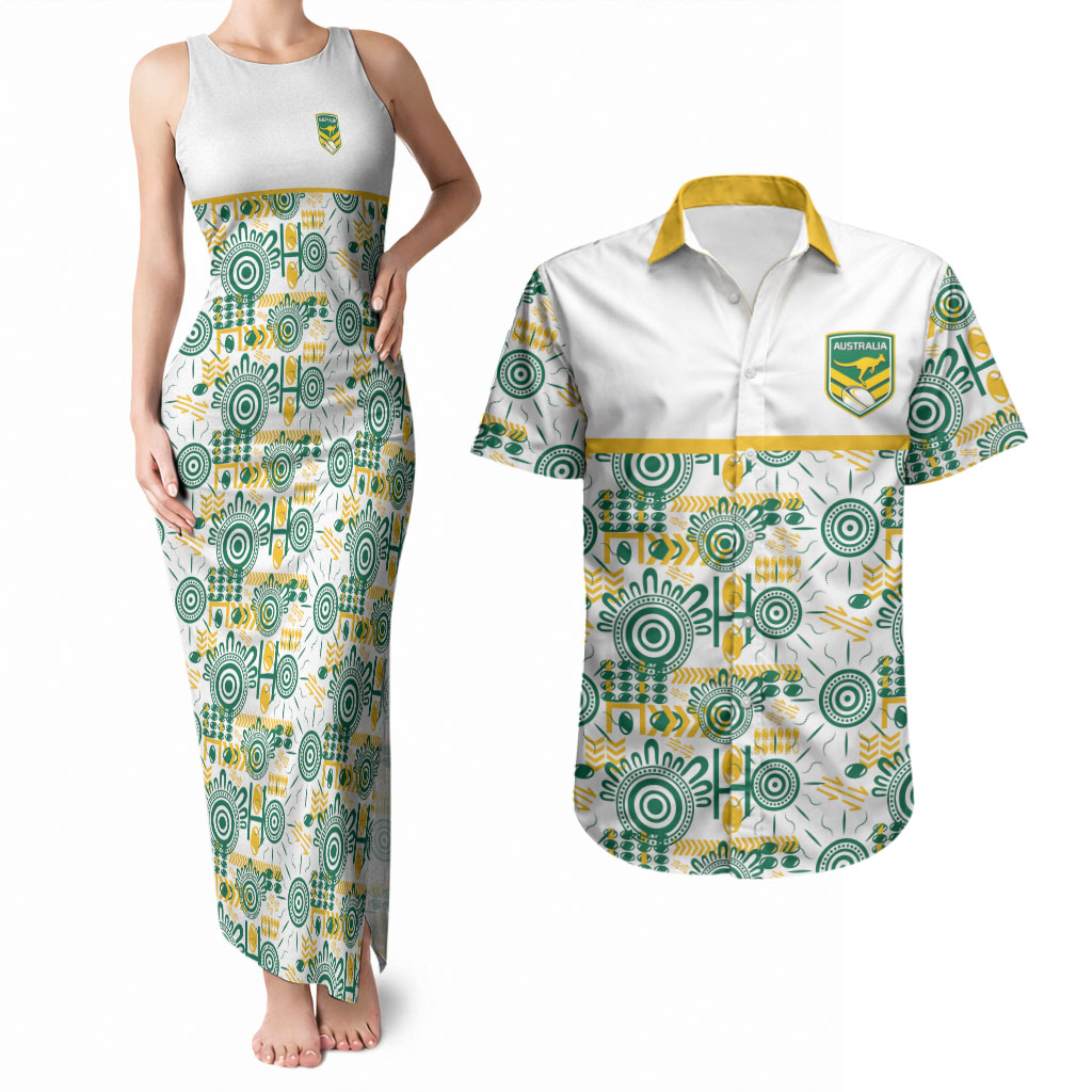 Australia Rugby Kangaroo Couples Matching Tank Maxi Dress and Hawaiian Shirt White Aboriginal Dot Geometry