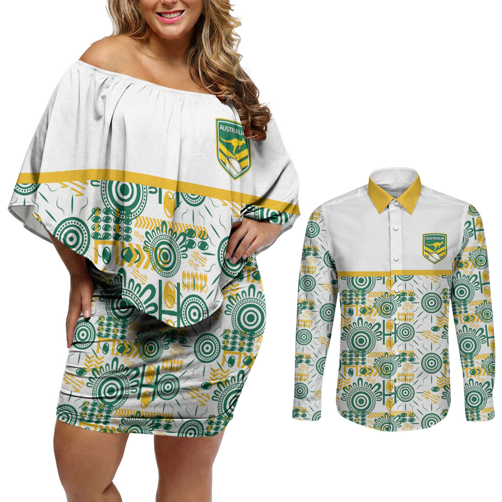 Australia Rugby Kangaroo Couples Matching Off Shoulder Short Dress and Long Sleeve Button Shirt White Aboriginal Dot Geometry
