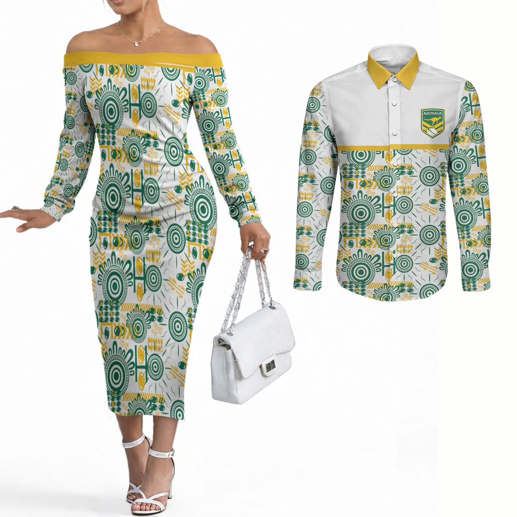 Australia Rugby Kangaroo Couples Matching Off The Shoulder Long Sleeve Dress and Long Sleeve Button Shirt White Aboriginal Dot Geometry