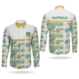 Australia Rugby Kangaroo Couples Matching Off The Shoulder Long Sleeve Dress and Long Sleeve Button Shirt White Aboriginal Dot Geometry