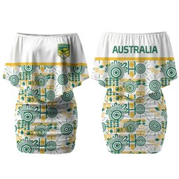 Australia Rugby Kangaroo Couples Matching Off Shoulder Short Dress and Long Sleeve Button Shirt White Aboriginal Dot Geometry