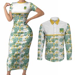 Australia Rugby Kangaroo Couples Matching Short Sleeve Bodycon Dress and Long Sleeve Button Shirt White Aboriginal Dot Geometry