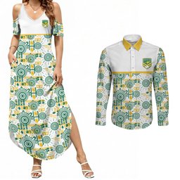 Australia Rugby Kangaroo Couples Matching Summer Maxi Dress and Long Sleeve Button Shirt White Aboriginal Dot Geometry