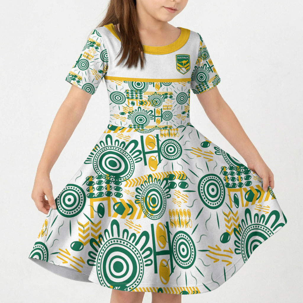 Australia Rugby Kangaroo Kid Short Sleeve Dress White Aboriginal Dot Geometry