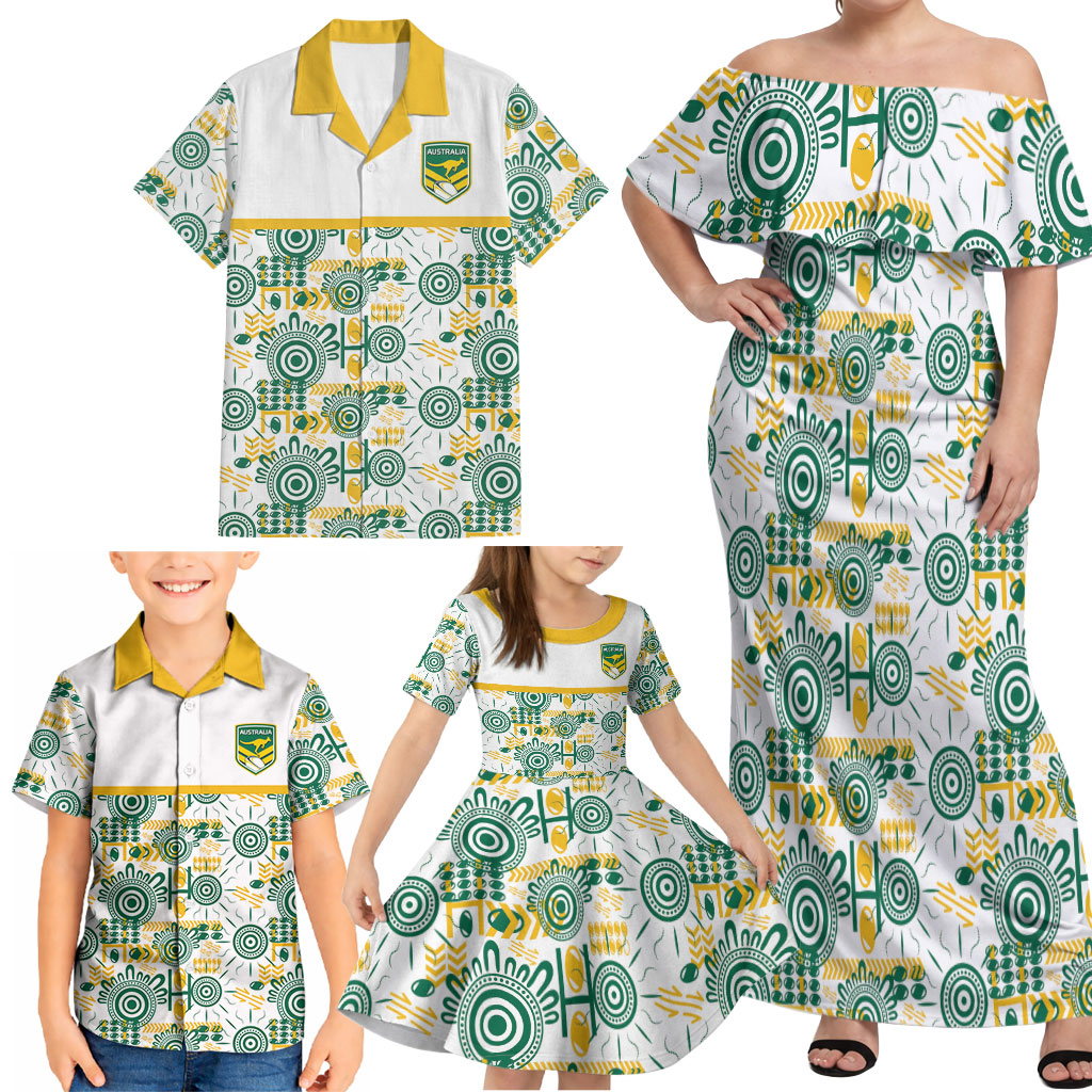 Australia Rugby Kangaroo Family Matching Off Shoulder Maxi Dress and Hawaiian Shirt White Aboriginal Dot Geometry