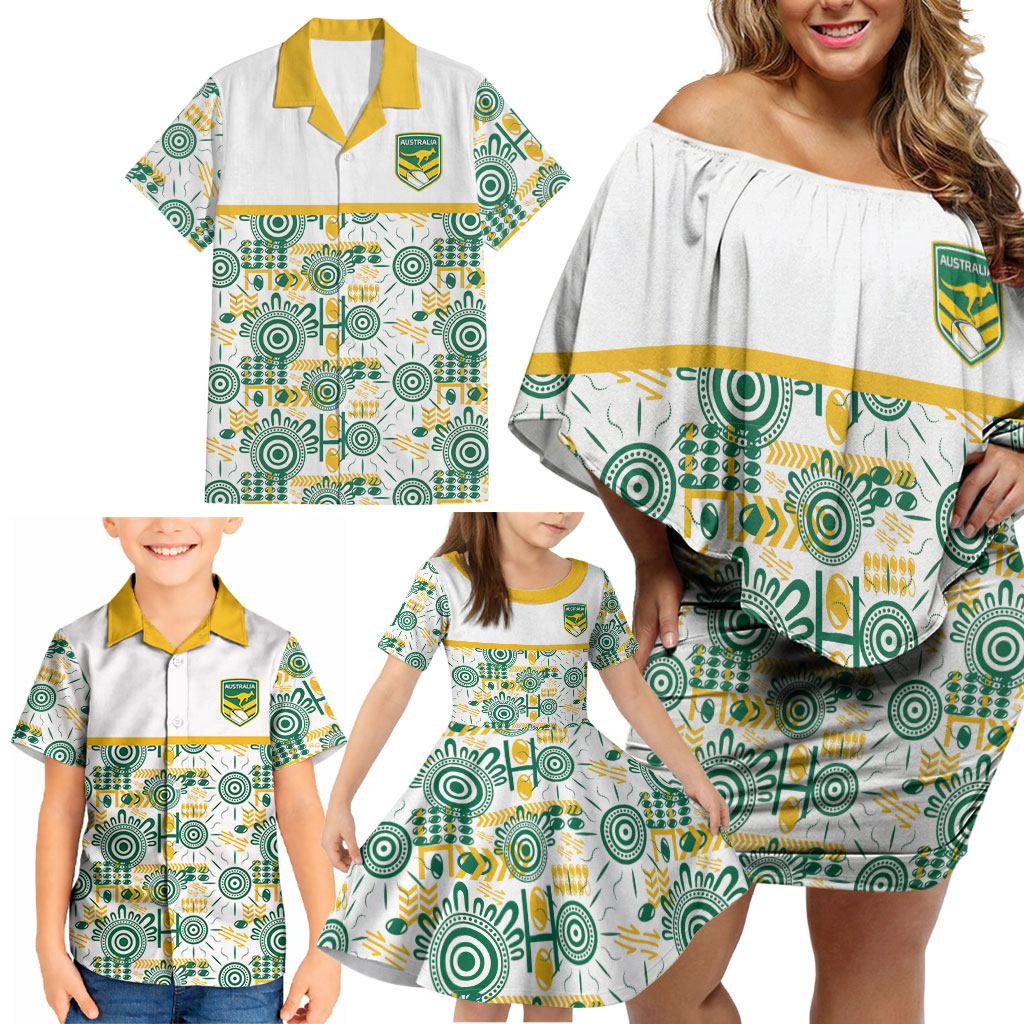 Australia Rugby Kangaroo Family Matching Off Shoulder Short Dress and Hawaiian Shirt White Aboriginal Dot Geometry