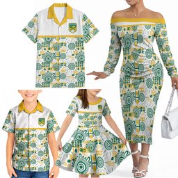 Australia Rugby Kangaroo Family Matching Off The Shoulder Long Sleeve Dress and Hawaiian Shirt White Aboriginal Dot Geometry