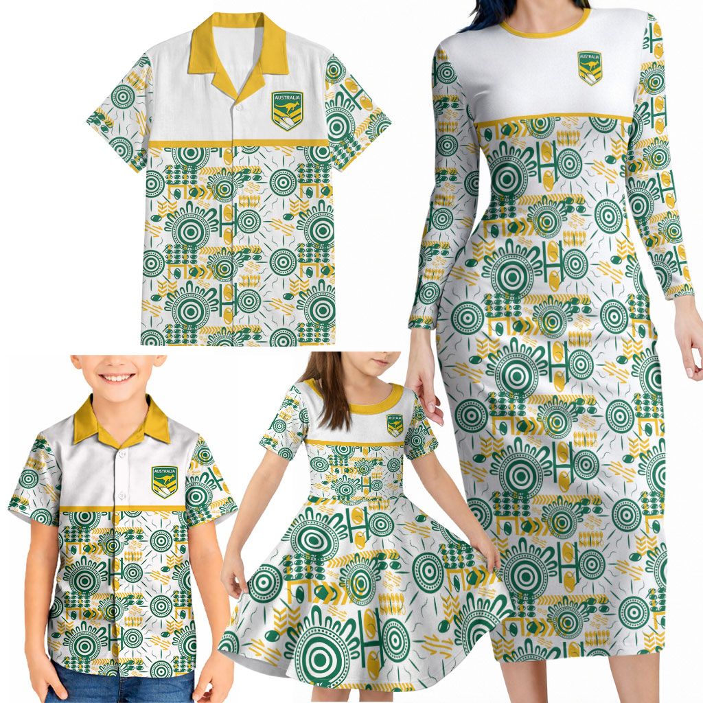 Australia Rugby Kangaroo Family Matching Long Sleeve Bodycon Dress and Hawaiian Shirt White Aboriginal Dot Geometry