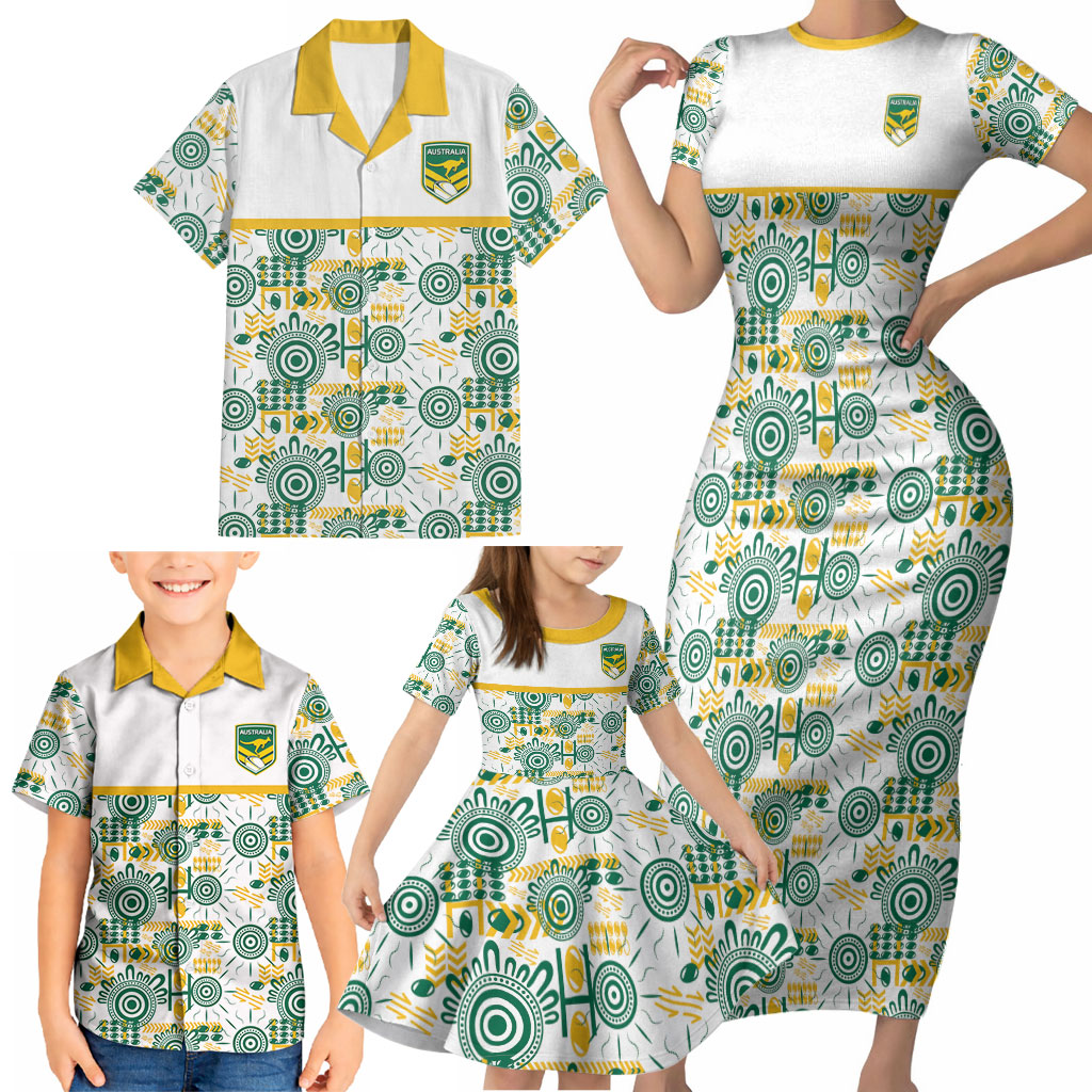 Australia Rugby Kangaroo Family Matching Short Sleeve Bodycon Dress and Hawaiian Shirt White Aboriginal Dot Geometry