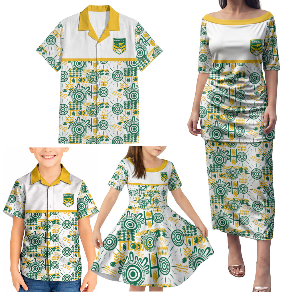 Australia Rugby Kangaroo Family Matching Puletasi and Hawaiian Shirt White Aboriginal Dot Geometry