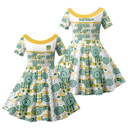 Australia Rugby Kangaroo Family Matching Off Shoulder Short Dress and Hawaiian Shirt White Aboriginal Dot Geometry