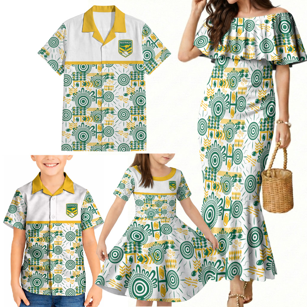 Australia Rugby Kangaroo Family Matching Mermaid Dress and Hawaiian Shirt White Aboriginal Dot Geometry
