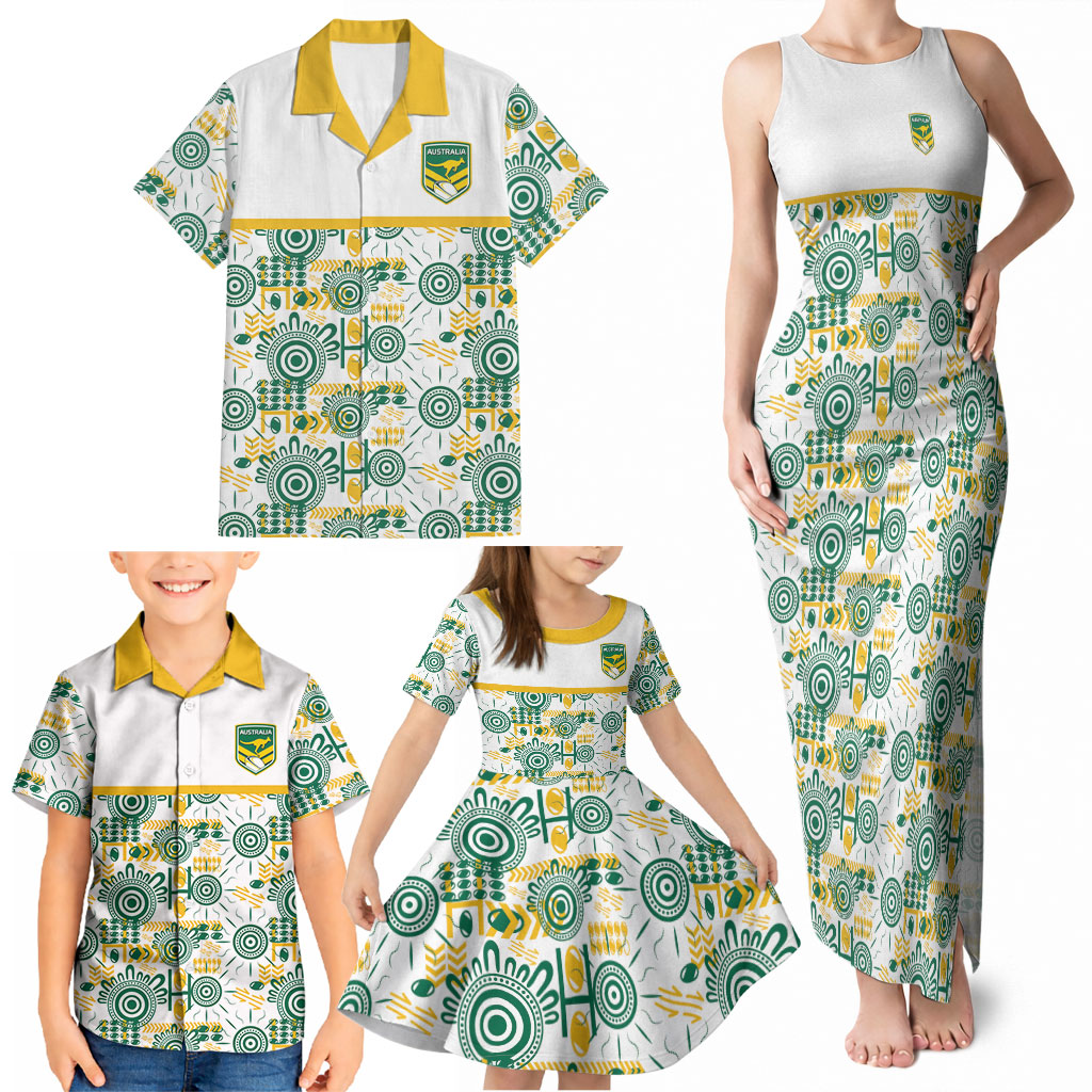 Australia Rugby Kangaroo Family Matching Tank Maxi Dress and Hawaiian Shirt White Aboriginal Dot Geometry
