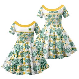 Australia Rugby Kangaroo Family Matching Mermaid Dress and Hawaiian Shirt White Aboriginal Dot Geometry