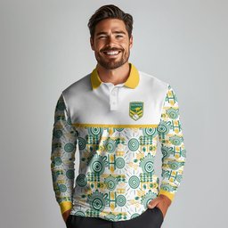 Australia Rugby Kangaroo Long Sleeve Polo Shirt White Aboriginal Dot Geometry