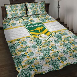 Australia Rugby Kangaroo Quilt Bed Set White Aboriginal Dot Geometry