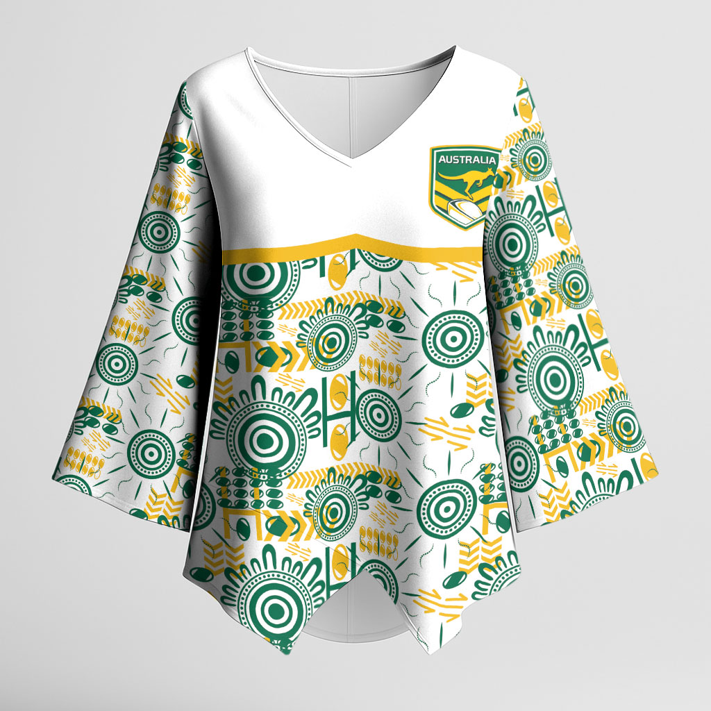 Australia Rugby Kangaroo Kimono Sleeve Blouse White Aboriginal Dot Geometry